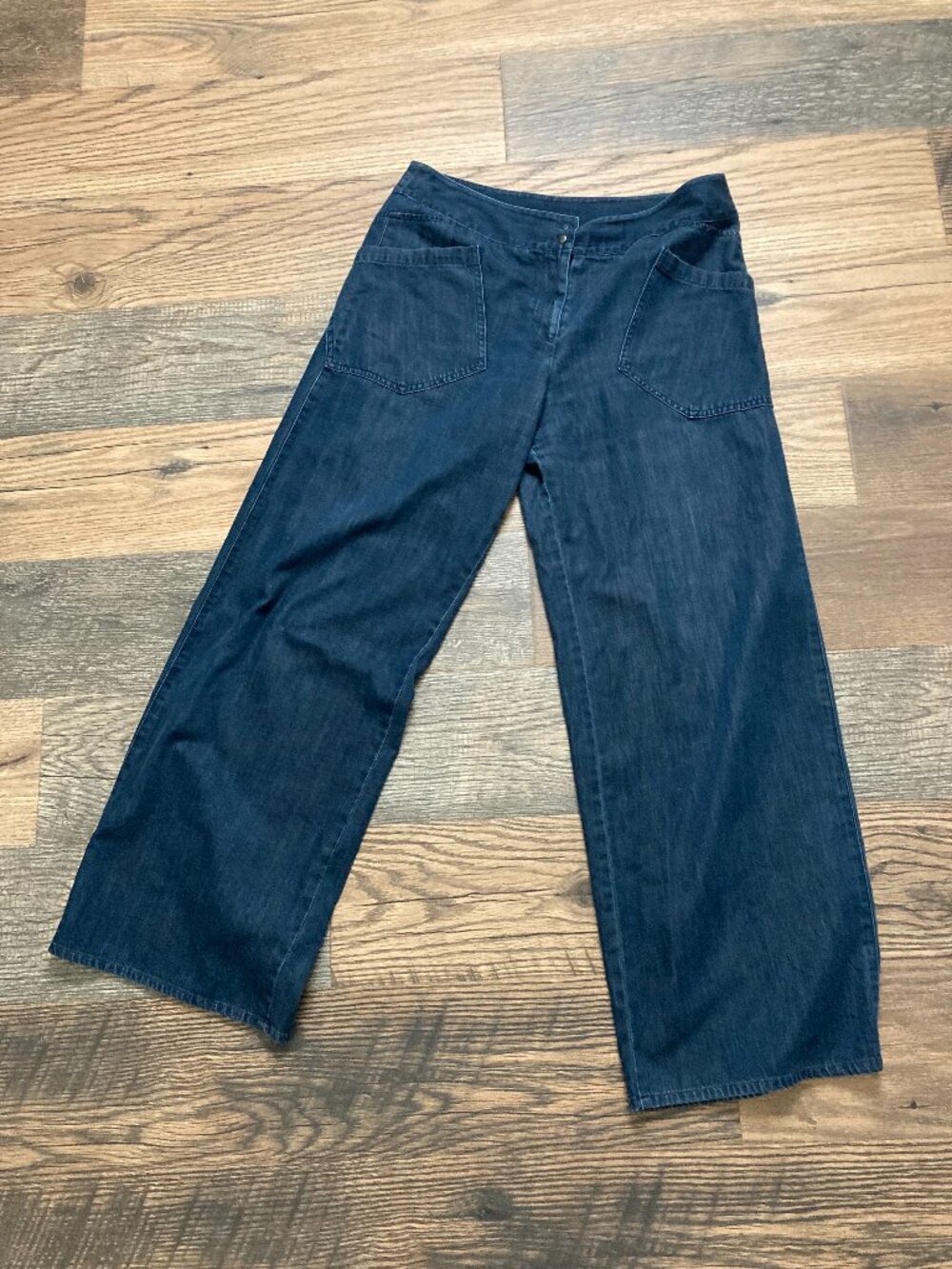 Babette Women Blue Denim Wide Leg Palazzo Pants Loose Fit Jeans Sz S